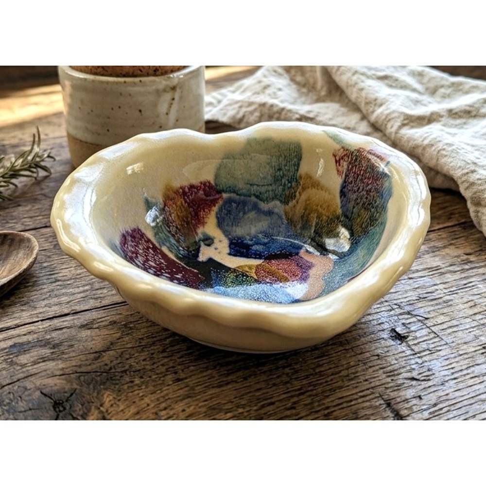 D.K. Clay Pottery Heart Shaped Bowl, Abstract Design, 7.25" wide x 2.5" tall